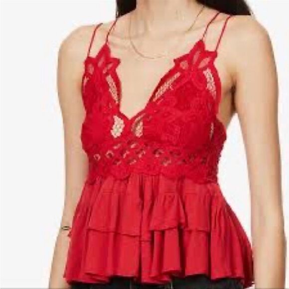 Free People Tops - Free People ADELLA Lace Smocked Back Ruffled Tiered Tank-Top: Red/ Medium. NWT